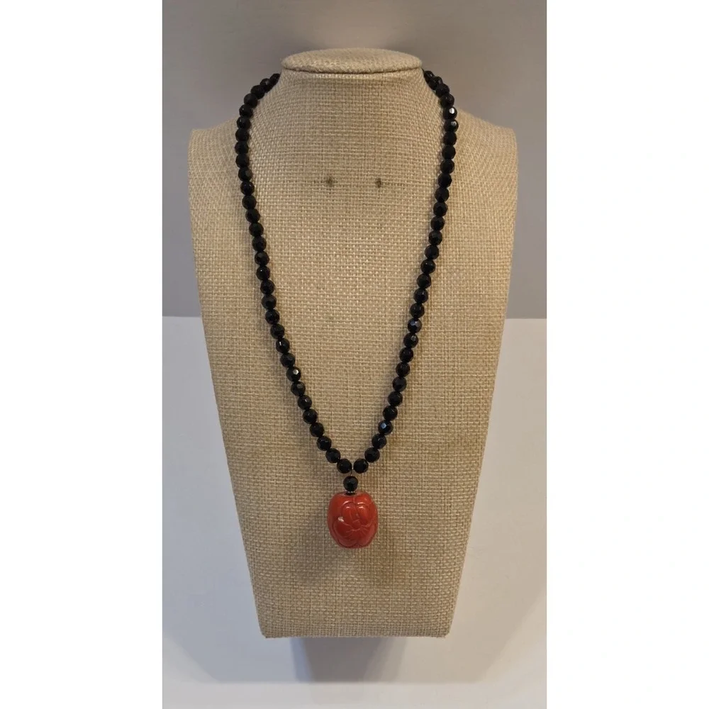 Vintage Carved Red Coral Pendant & Black Onyx Statement Necklace Sterling Silver